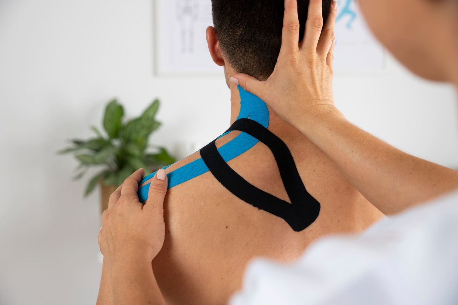 Anlegen von Kinesiologie-Tape an Nacken und Schulter eines Patienten